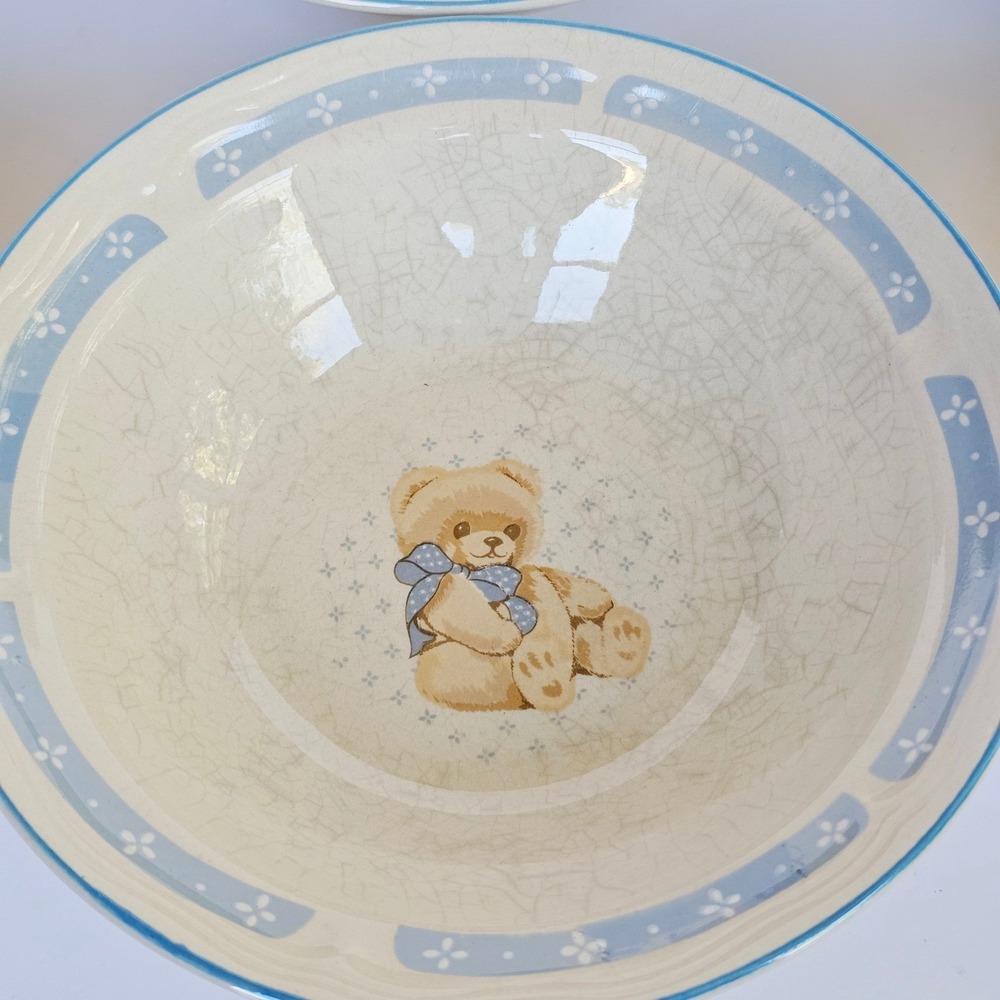 Vintage Tienshan Stoneware Teddy Bear Cereal Bowls Set of 6 Blue Nursery Kitsch - Picture 6 of 15